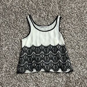 CHLOE K Sleeveless Ivory-White Stretch Black Lace Eyelash Trim Chiffon Top
